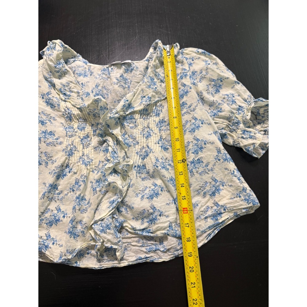 Maison d'Amélie Paris Blue White Floral Ruffle V-Neck Puff Sleeve Blouse Small - Picture 2 of 5